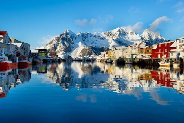 Winter: henningsvCAr harbour lofoten coastal cruise fredrik geelmuyden