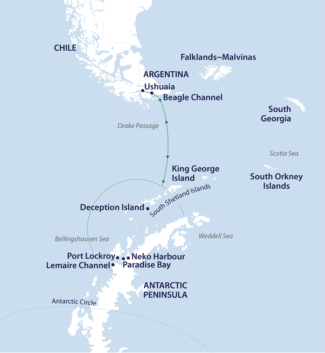 Expeditionen: Reiseroute Spirit of Antarctica mit Nordic Team Travel